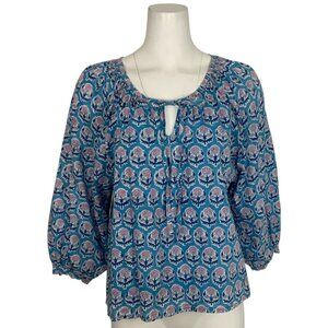 Emerson Fry India Collection Lucy Blouse XS Friday Flowers Blue Pink Organic